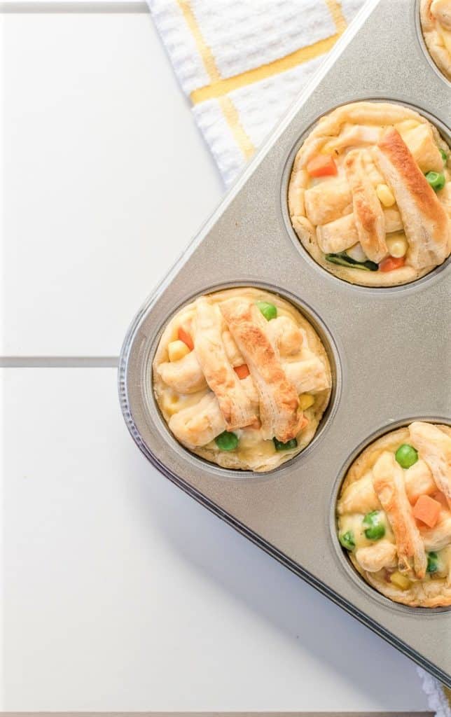 Muffin tin with 3 chicken pot pies