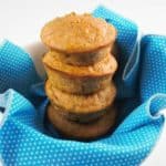 Stack of sweet potato muffins on a blue towel