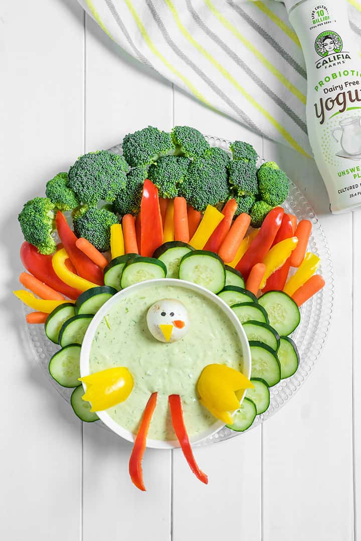 Veggie platter shaped like a turkey with vegan ranch dip