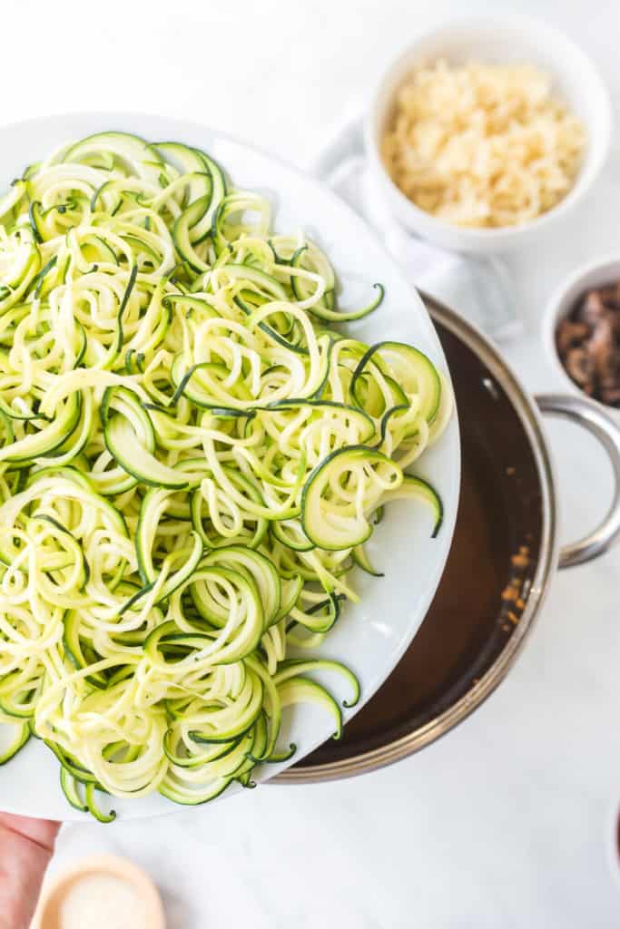 Spiralized noodles on white plate
