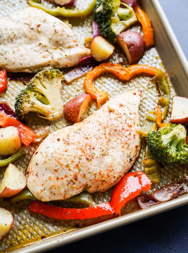 Close up of chicken breast with broccoli and bell peppers 
