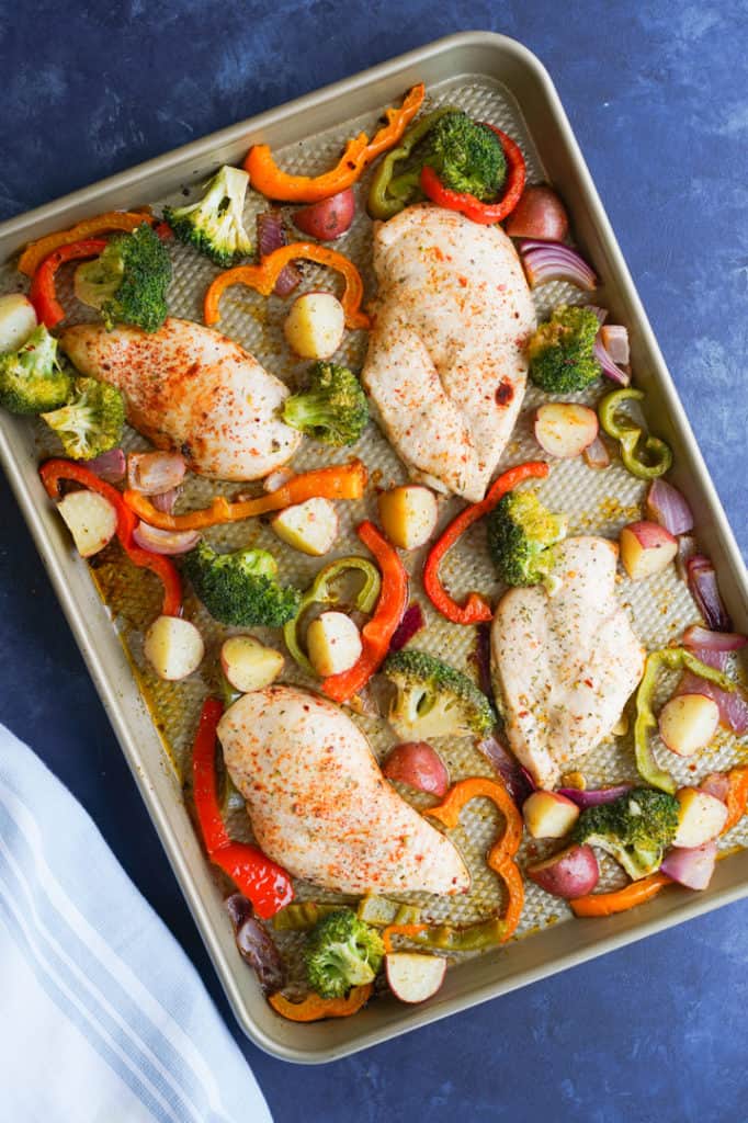Sheet pan with broccoli bell peppers, onion and red potatoes 