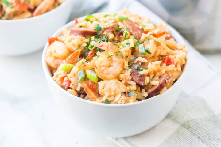 bowl of rice with shrimp and sausage