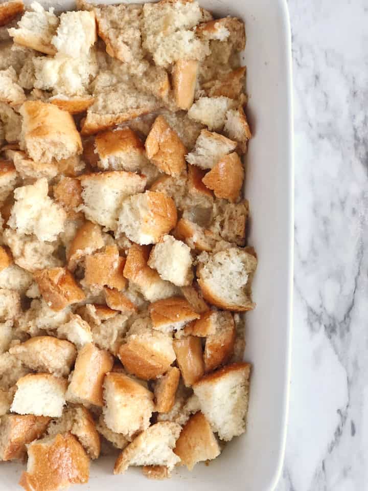 Cubed french toast bread in a baking dish