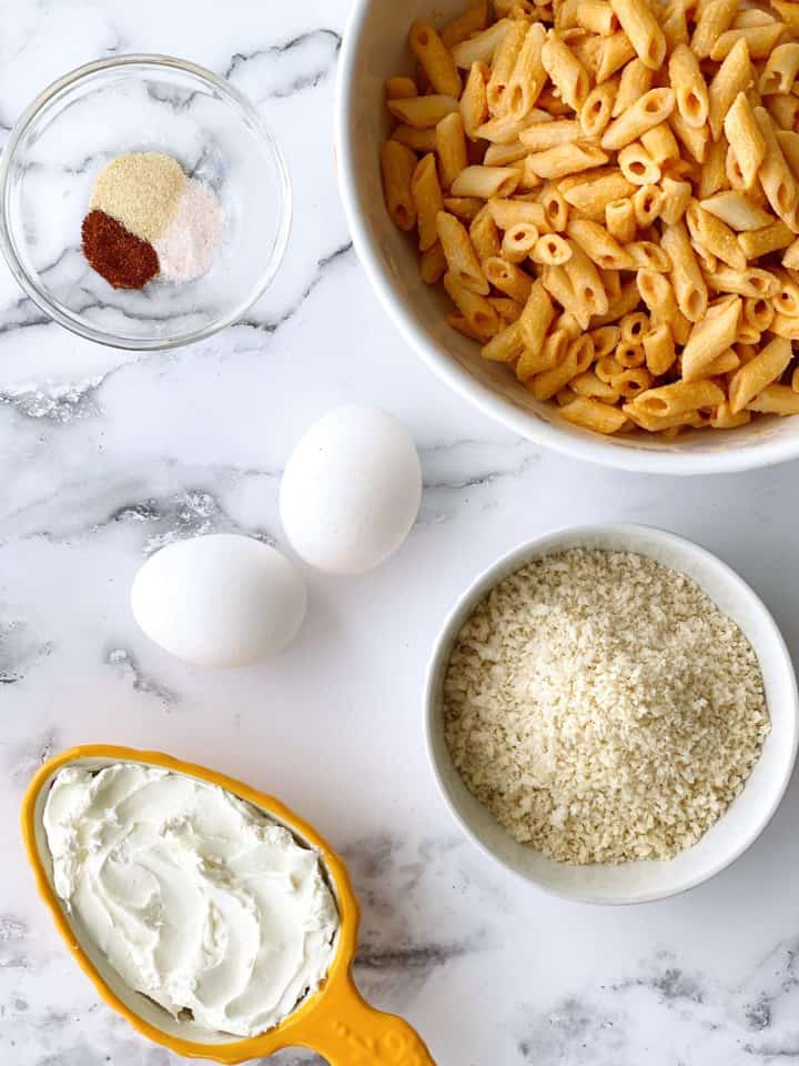 mac and cheese eggs, seasonings and panko, and cream cheese 
