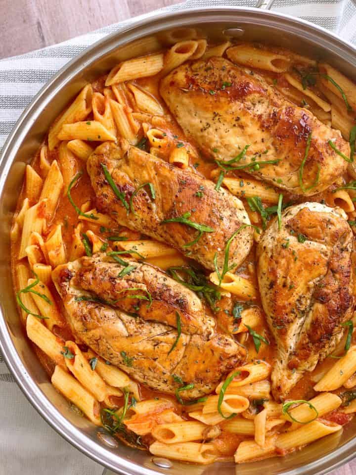 Pan of chicken breasts with penne 