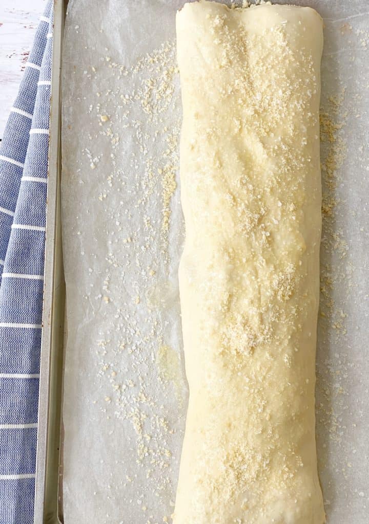 pizza dough rolled next to parmesan cheese 