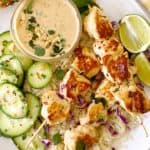 Chicken skewers with cucumber and peanut sauce