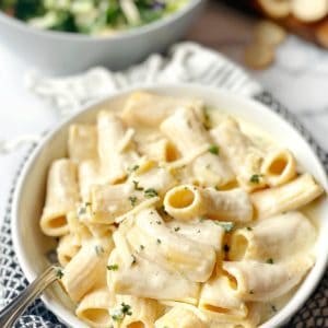 bowl of pasta with alfredo sauce