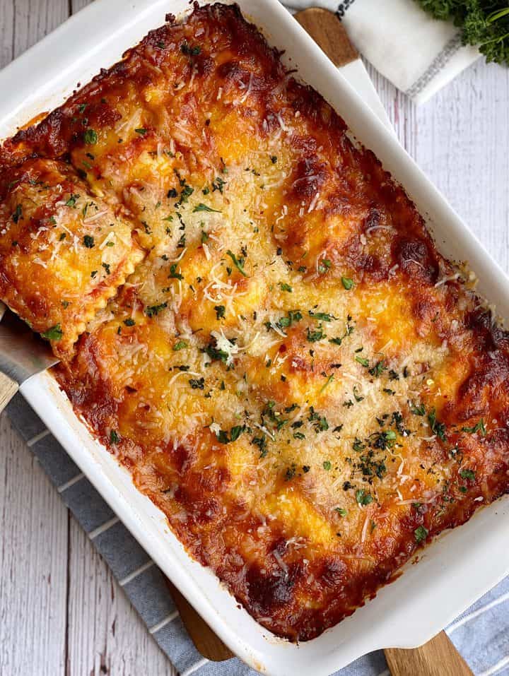 baking dish with baked ravioli
