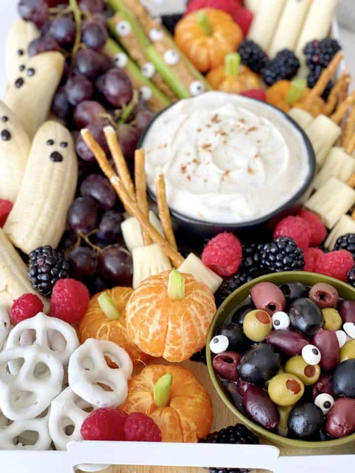 close up of halloween snack boards of all ingredients on board 