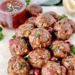 close up of meatballs with cranberry glaze