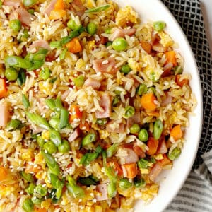 close up of fried rice with vegetables rice and ham