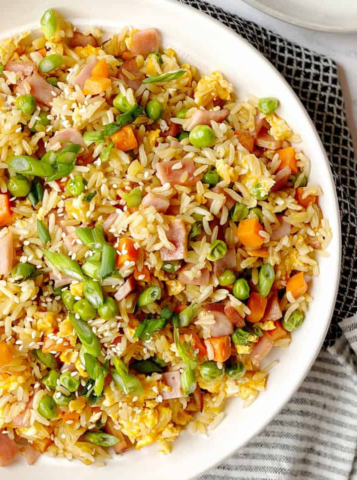 close up of fried rice with vegetables rice and ham 