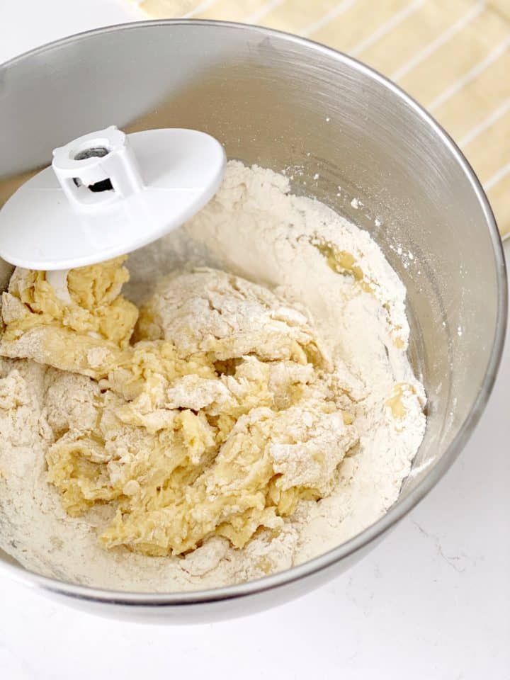 mixing bowl with dough hook in a dough mixture 