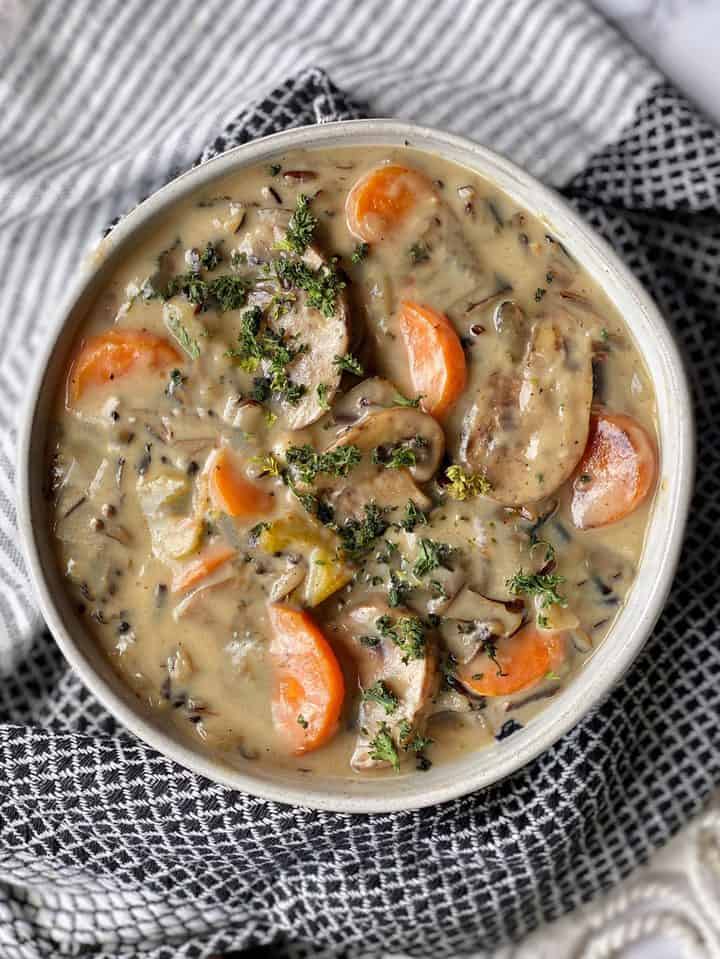 over the top shot of wild rice soup