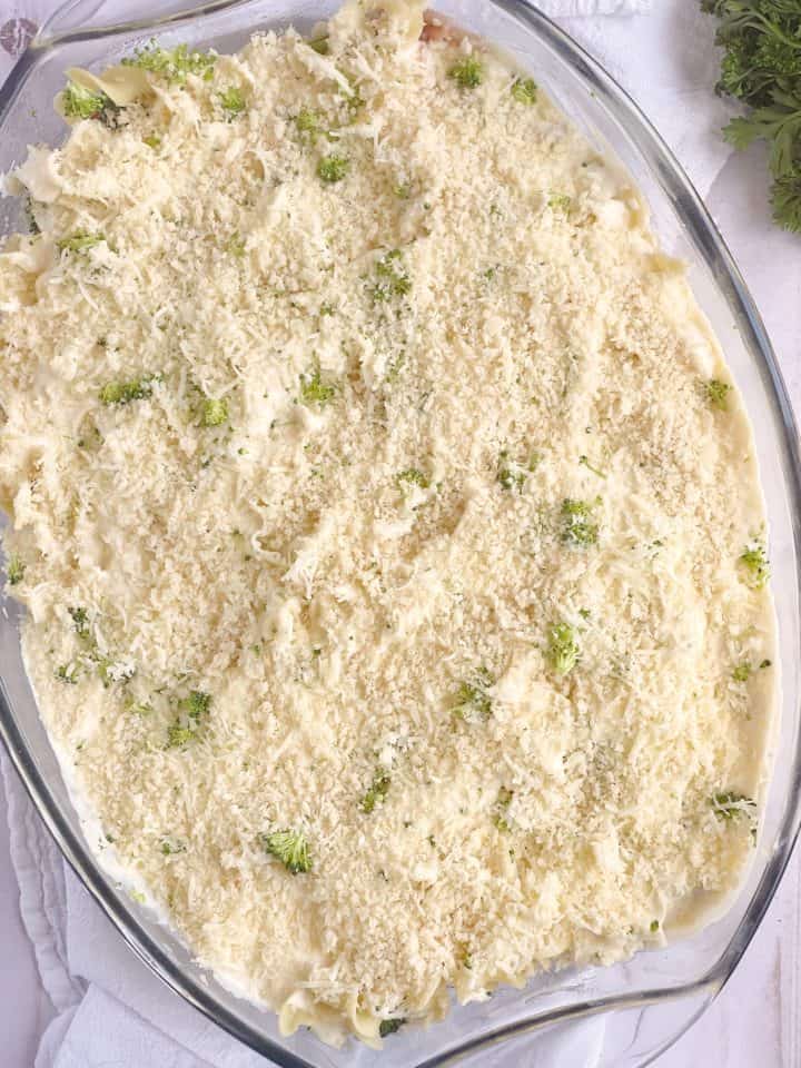 casserole dish with parmesan cheese and breadcrumbs 
