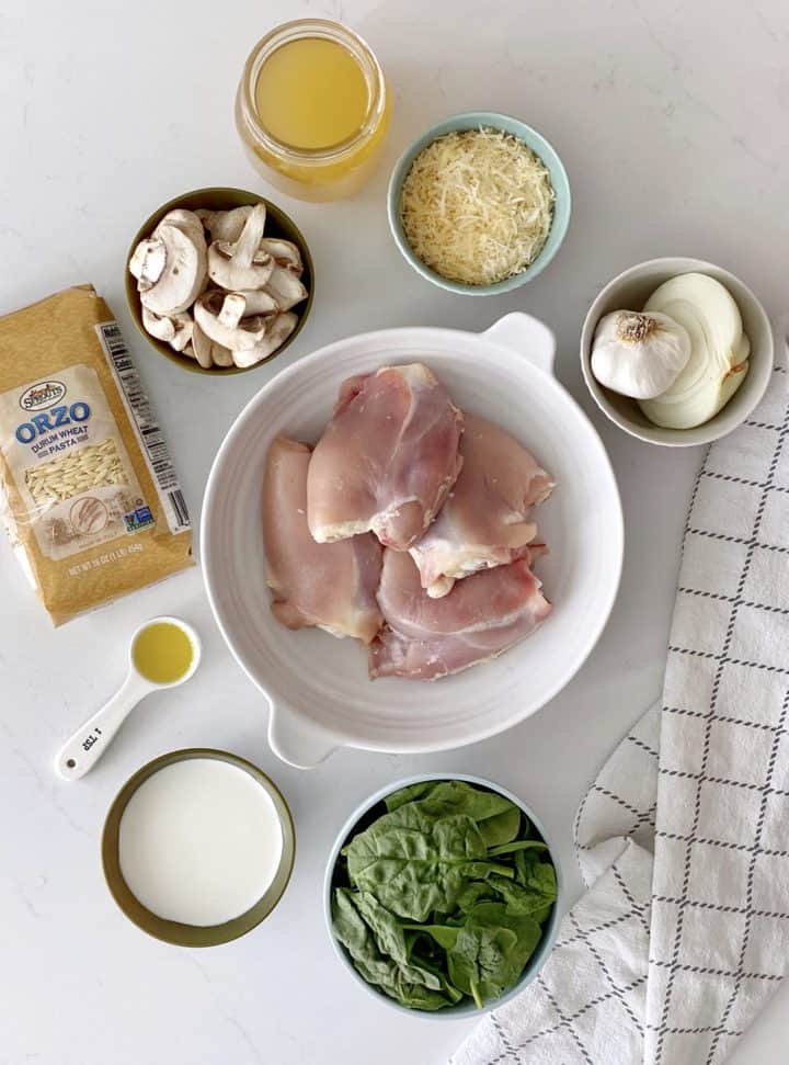 flat lay photo of all ingredients to make chicken orzo pasta 