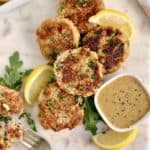 over the top shots of salmon croquettes with dip