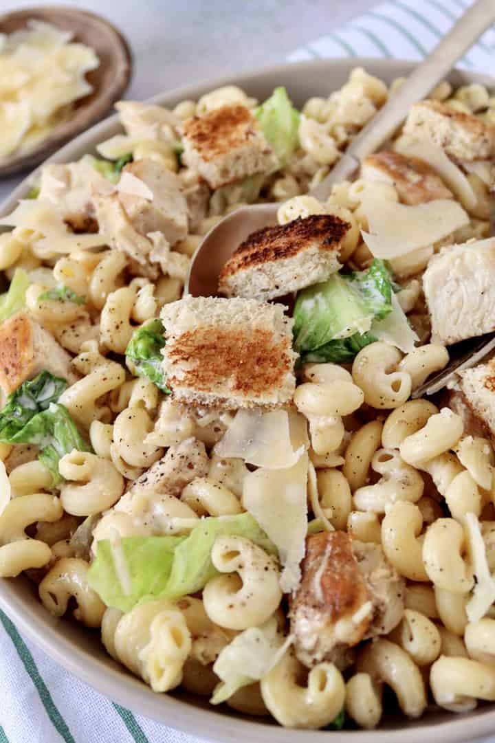 bowl of pasta and chicken caesar