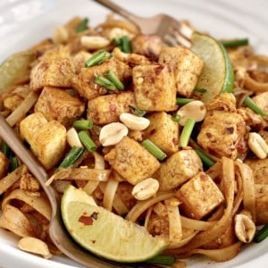 close up of pad thai with tofu in a bowl