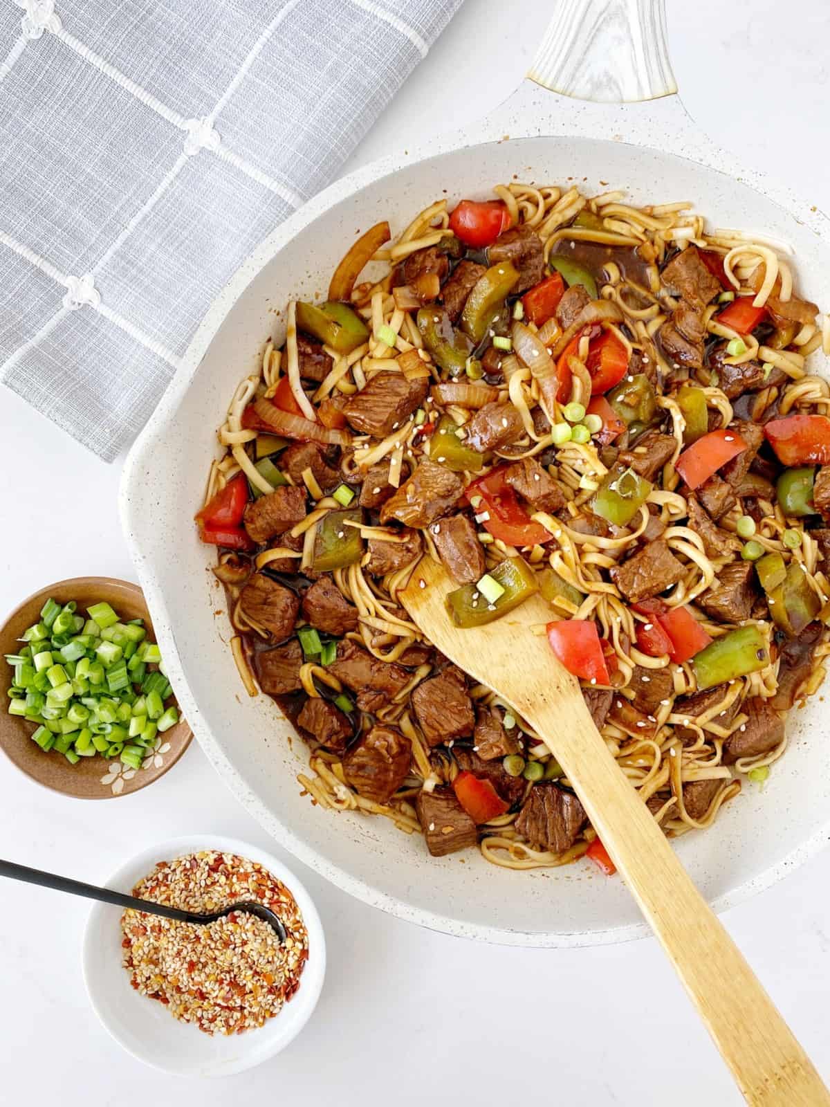 pan of noodles and beef with vegetables