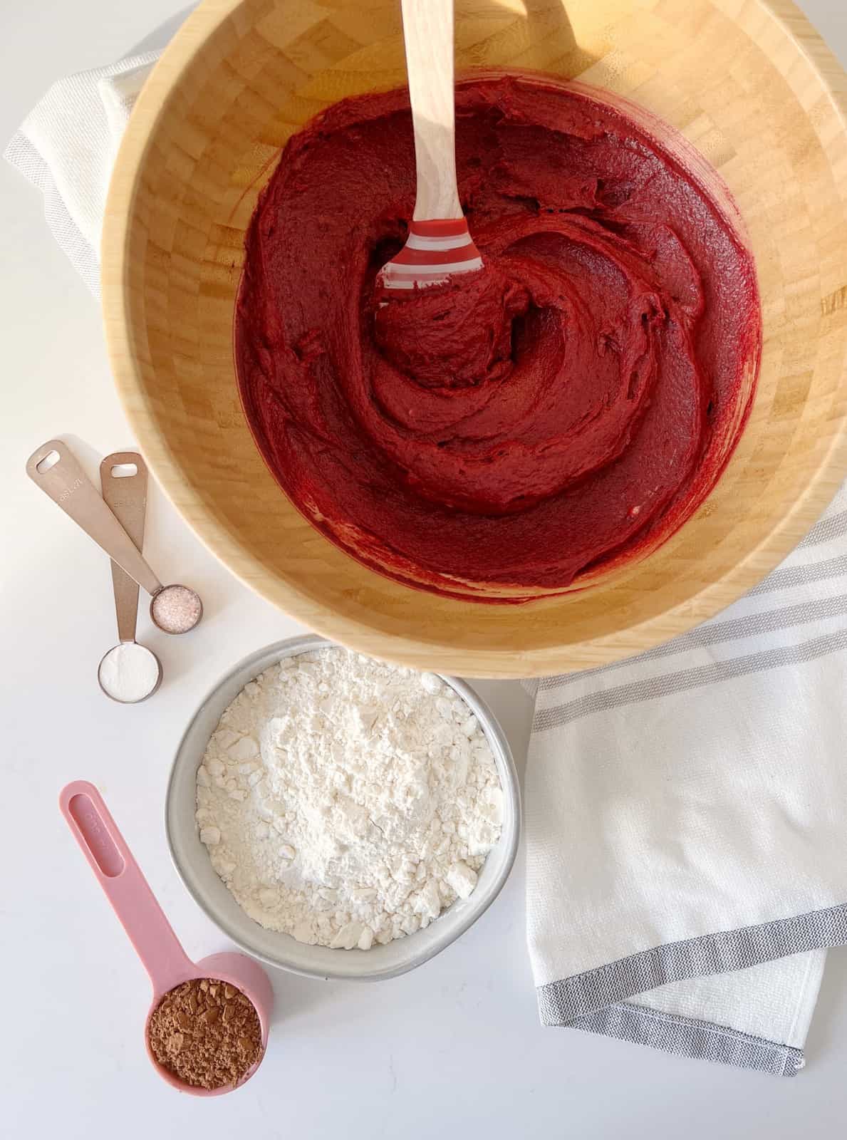 bowl of red baking mixture 