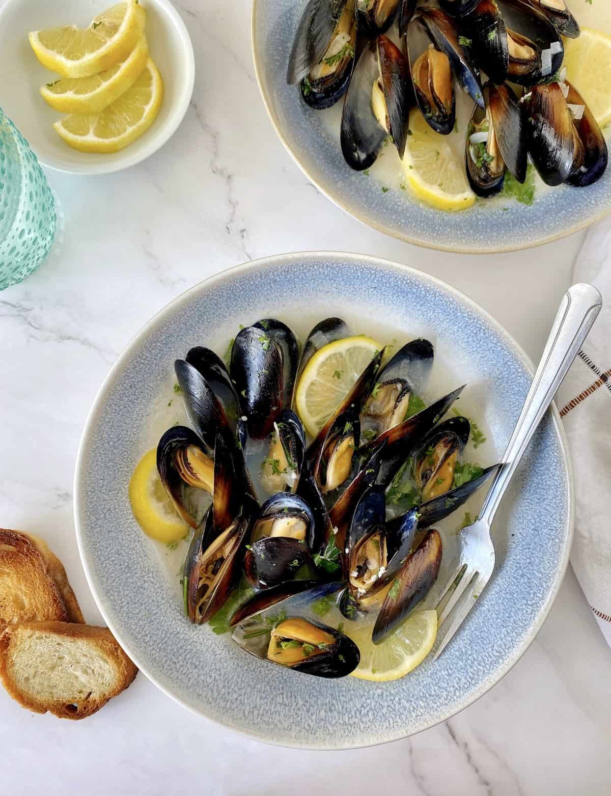 plate of cooked and garnished black mussels 