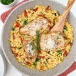 pan of orzo pasta with chicken