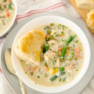 chicken pot pie in a bowl with biscuit