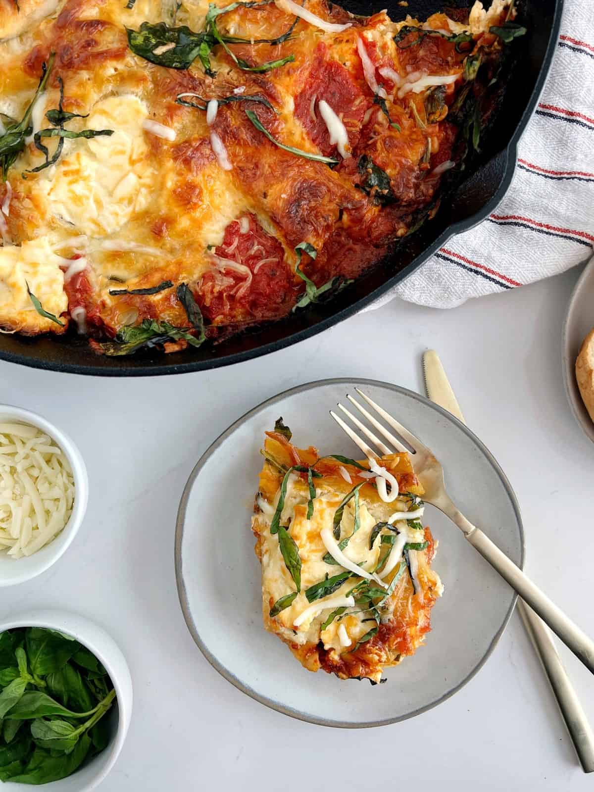skillet lasagna next to plated lasagna 