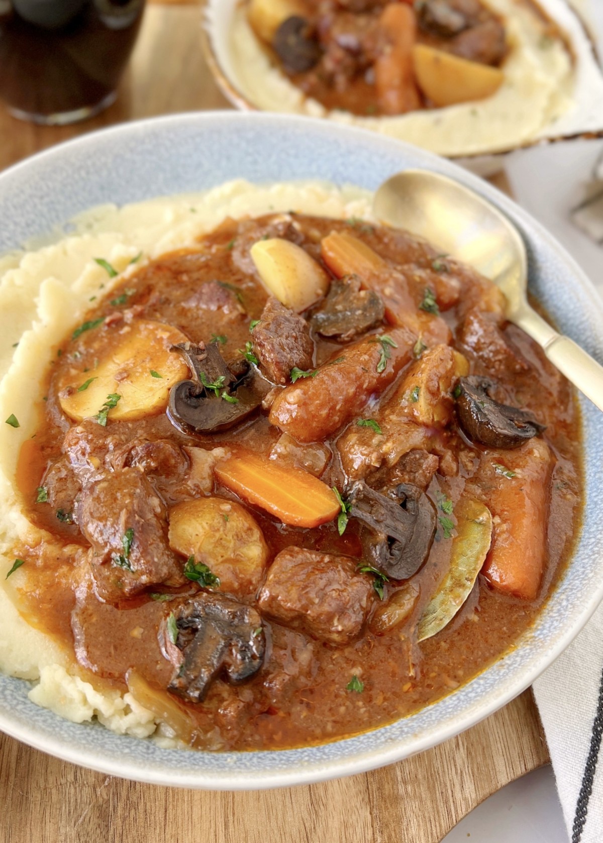 beef stew over mashed potatoes