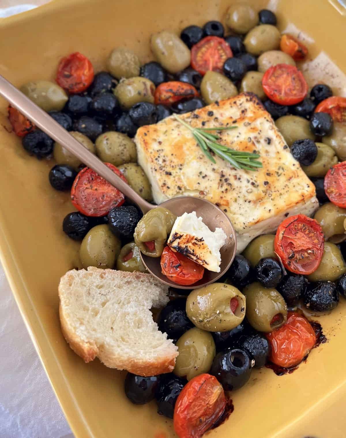 baked feta dip with olives and tomatoes 
