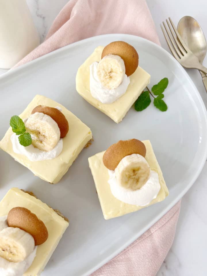 close up of cheesecake bars with mint leaf