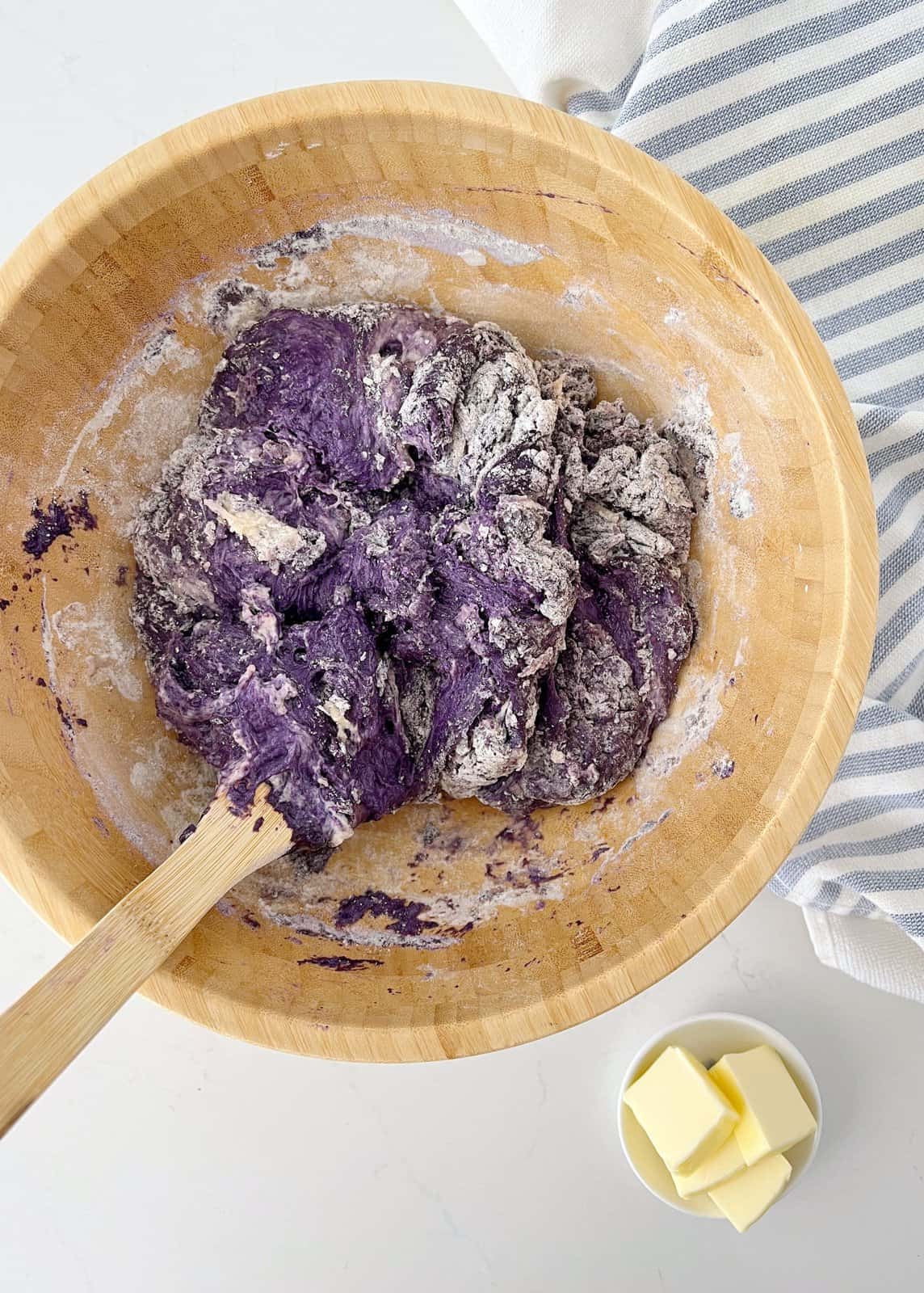 bowl of mixed flour with ube 
