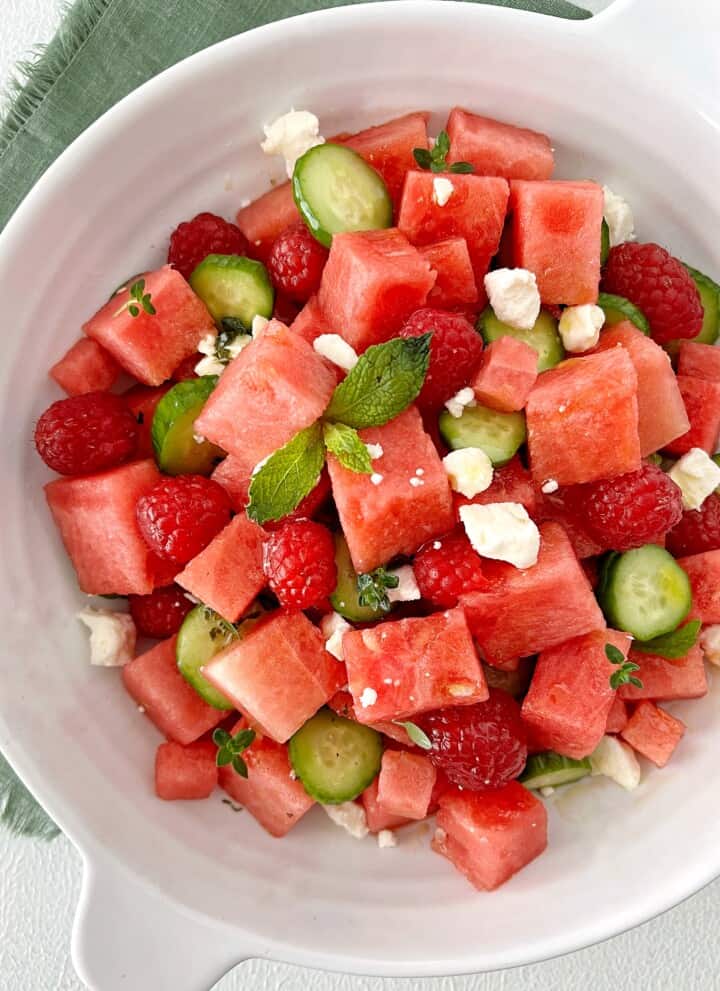 close up of watermelon feta and cucumber