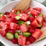 bowl of watermelon, cucumber, and feta