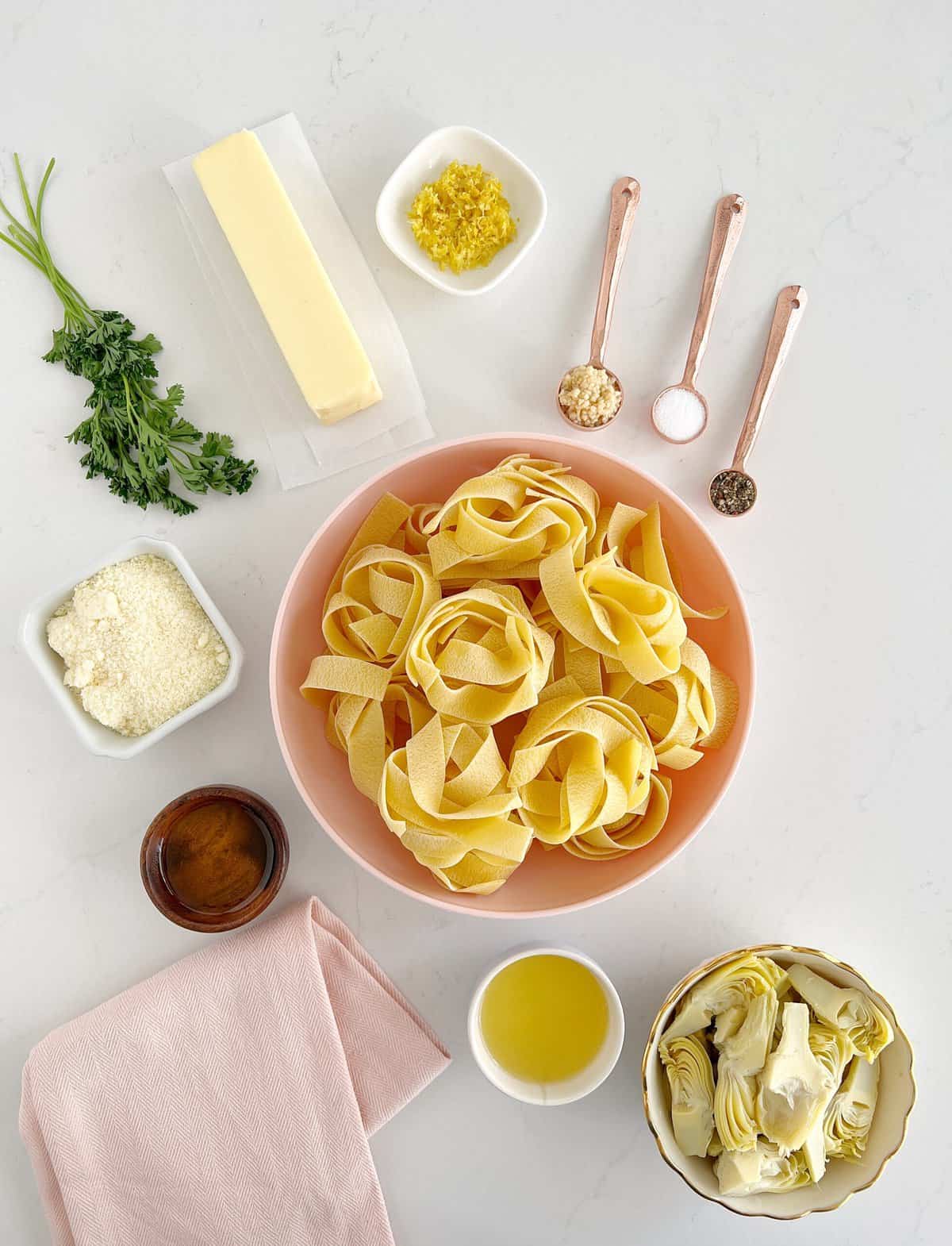 ingredients to make lemon artichoke pasta 