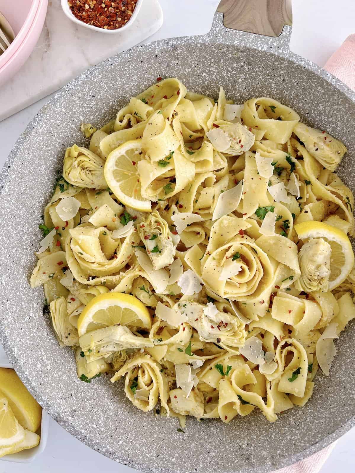 pan of lemon artichoke pasta
