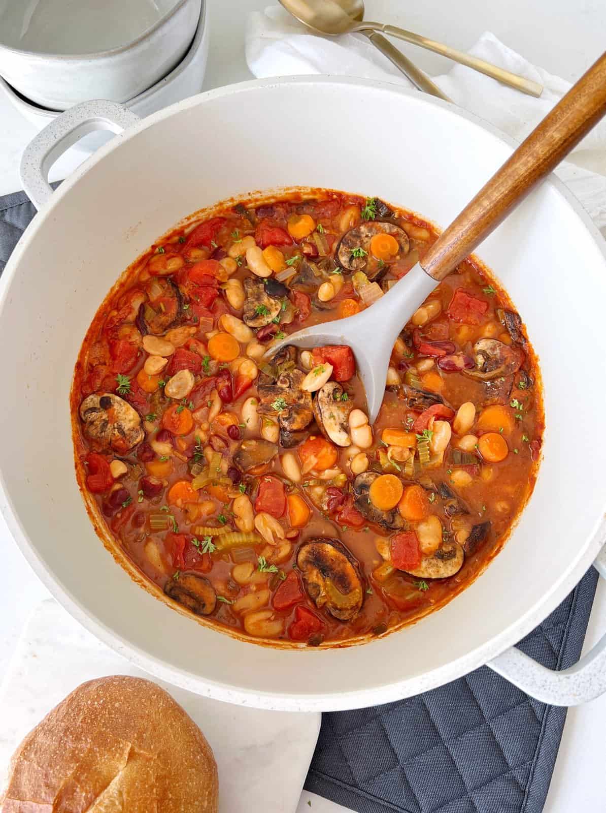 large bowl of vegan cassoulet 