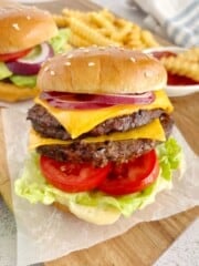 air fryer burger with all lettuce tomato and cheese