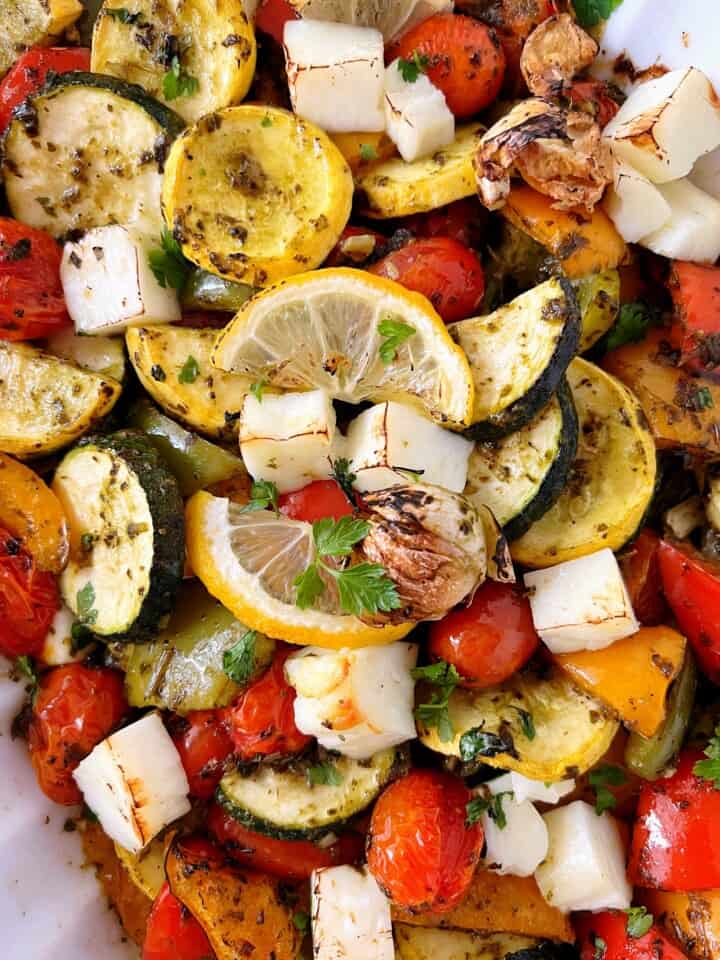 close up of halloumi cheese and vegetables