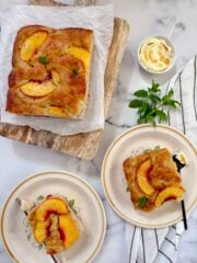 Peach focaccia on plates and serving