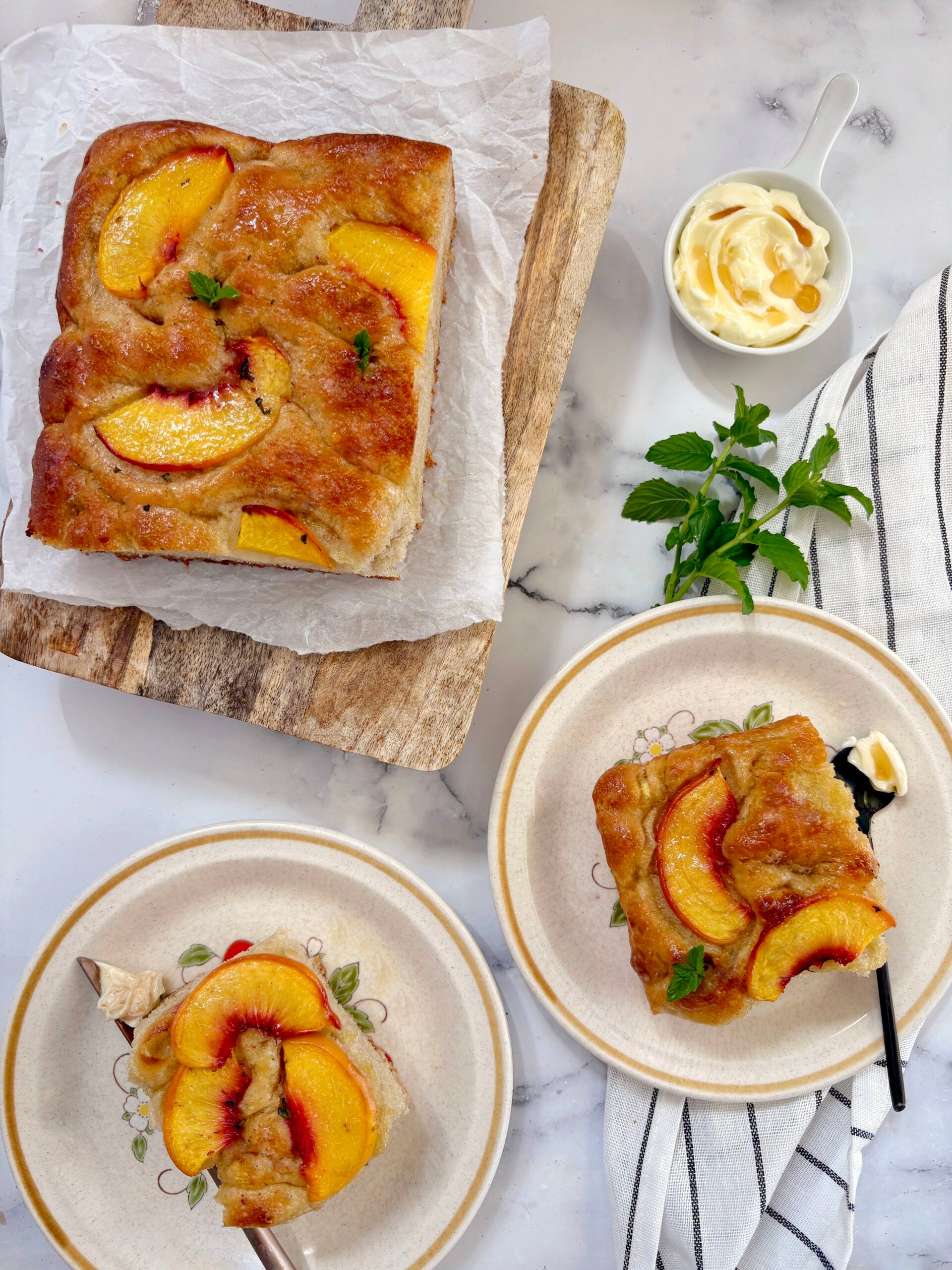 Peach focaccia on plates and serving